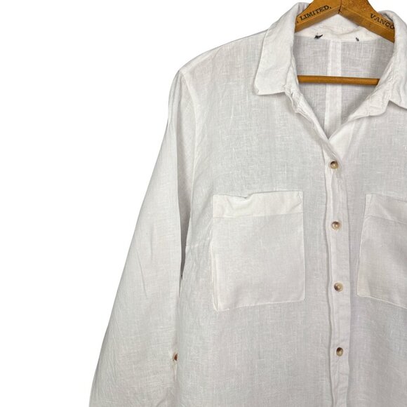Primark White Linen Button Front Long Sleeve Shirt Blouse with Pockets - Picture 2 of 8